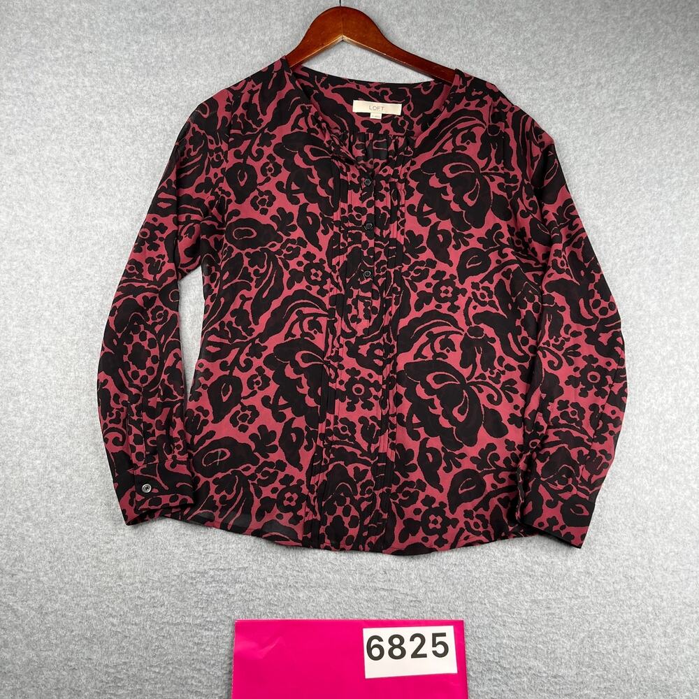 Ann Taylor Loft Long Sleeve Blouse Red Black Butterfly Lightweight Casual Small
